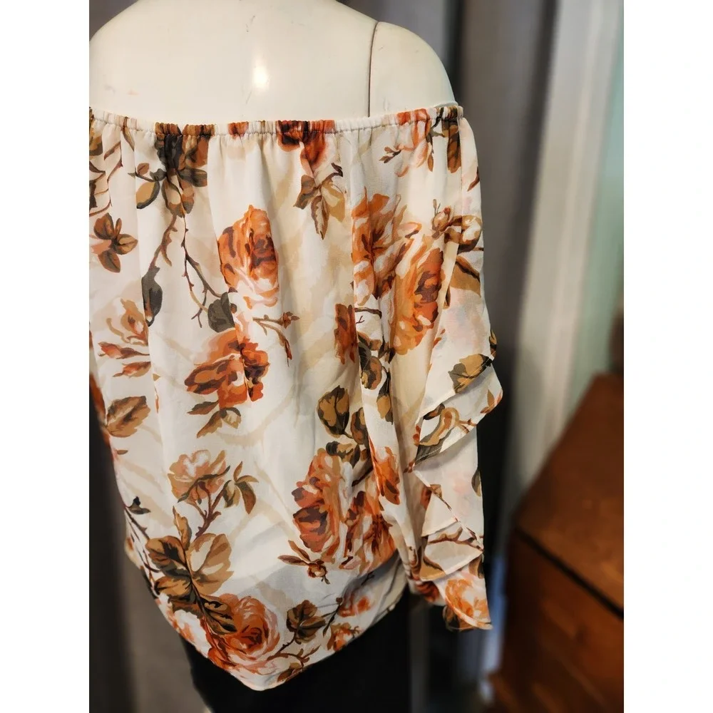 WHBM Off The Shoulder Floral Ruffle Collar Balloon Sleeve Chiffon‎ Blouse Sz M